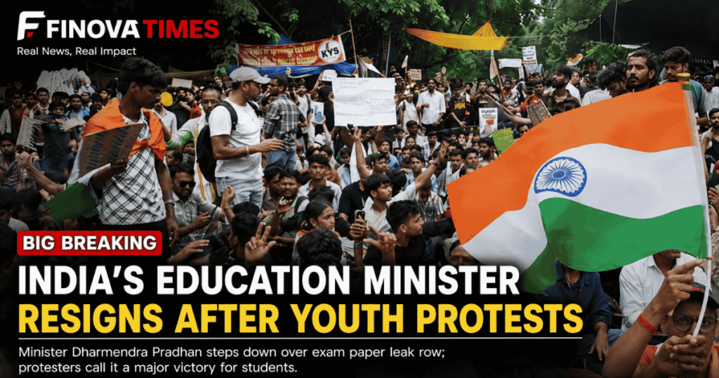 Youth leader speaking into a microphone during a protest, with FinovaTimes news-style headline about the education minister resigning after exam paper leak protests.